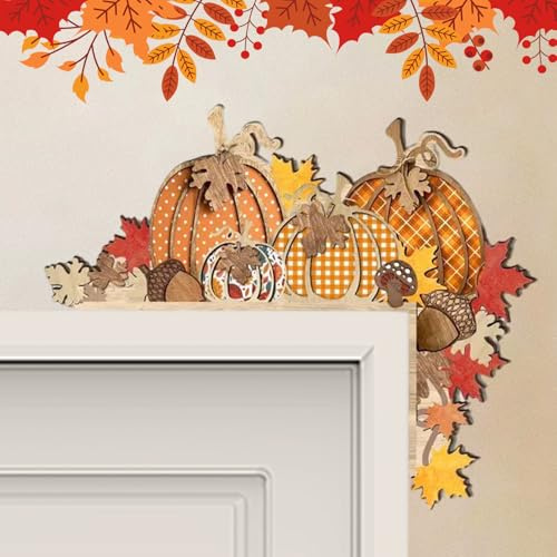 Skeadex Türrahmen Deko Herbst, 2er Holz Herbstdeko Tür Niedliche Wichtel Kürbis Türecke Dekoration Ahornblatt Türdeko Herbst Türschmuck Türrahmen Deko für Thanksgiving Herbstdekoration (B)