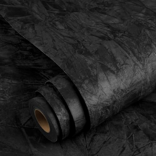 YENHOME Samtstoff Schwarz Klebetapete Selbstklebend Wand 60x500cm Folie Selbstklebend Tapete Möbelfolie Schwarz Beflockt Stoff Vintage Klebefolie Wand Schlafzimmer Treppenhaus Filzfolie