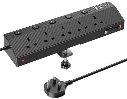 Desk Extension Lead 3M, STGAROT PD 30W Power Strip with Retractable USB C Cable, 5 Way Power Socket with 3 USB C Port, 2 USB A Port, Desktop Plug Socket with Removable Clamp for Office Accessories
