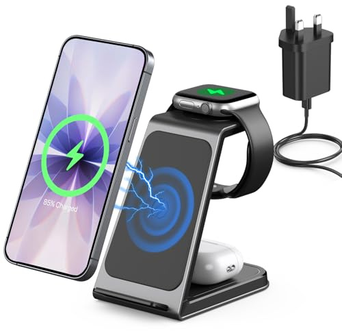 3 in 1 Wireless Charging Station for iPhone,Aluminum Alloy Fast Wireless Charger Stand for iPhone 17/16/15/14,Phone and Watch Charger Stand for Apple Watch,for AirPods (Black)
