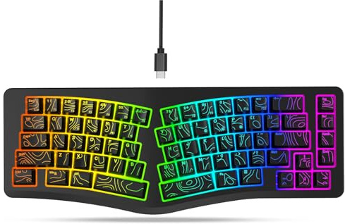Jectse Clavier Ergonomique Filaire, Clavier Divisé à 69 Touches avec Touches Wave, de Jeu Rétroéclairé RVB de Saisie Confortable pour Wins, pour iOS, pour Ordinateurs Portables