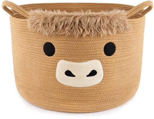 Aufbewahrungskorb - Highland Cow Korb Geflochten - 33 X 22.58cm | Niedlich Kuh Geschenkkorb mit Griffe,Highland Cow Aufbewahrungskorb Groß für SchräNke,Badezimmer,Küche,Spielzeug Aufbewahrung