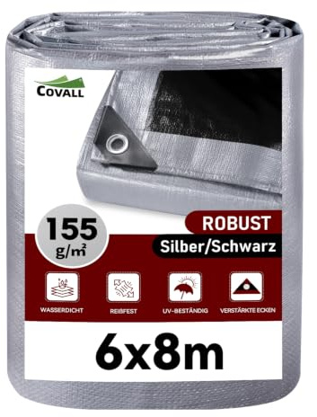 COVALL Telone Impermeabile Esterno 6x8m 155 gr/mq, HDPE Rinforzato Occhiellato Anti-UV – Telo Copritutto Antipioggia Antivento per Giardino Campeggio, Argento Nero