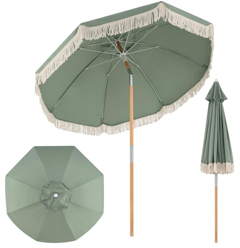 COSTWAY Ombrellone da Spiaggia 180 cm, Inclinabile Regolabile 30°, Palo in Legno, 8 Stecche in Fibra di Vetro, Ombrellone per Giardino, Piscina, Terrazza (Verde)