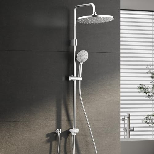 Regendusche ohne Armatur – Duschsystem aus Edelstahl mit Runder Regendusche Duschkopf, Höhenverstellbare Duschstange, Chrom-Oberfläche, für Badezimmer