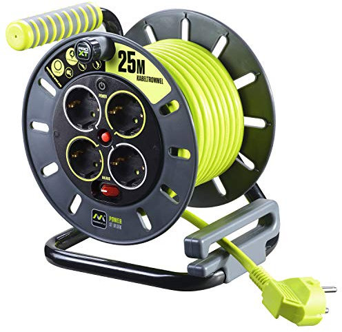 Masterplug Pro-XT Kabeltrommel Verlängerungskabel mit 4 Steckdosen, Wickelkurbel, Thermoschutz und Netzschalter, 25 Meter gut sichtbares Kabel