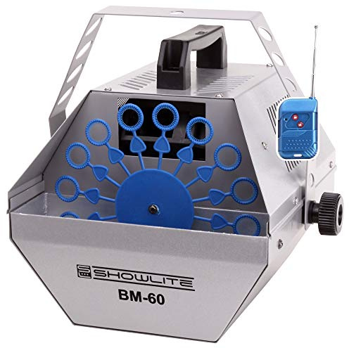 Showlite BM-60 såpbubbelmaskin 60 W med trådlös fjärrkontroll (0,6 l tank, 2–3 timmars drifttid med full tank, partyeffekt, disco bubblor) silver