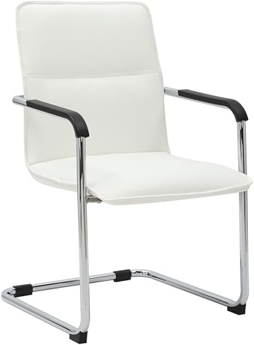 CLP Silla voladiza Seattle con reposabrazos, Silla de Comedor Moderna tapizada en Piel Sintetica, Estructura Metalica Efecto Cromo, Color:Blanco