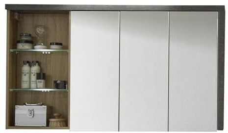 trendteam smart living - Bay - Spiegelschrank - Eiche Riviera/Beton dunkel - moderner Badezimmerspiegel mit 3 offenen Fächern - (BxHxT) 123 x 71 x 18 cm - kratzfest | B 123 x H 71 x T 18 cm · Soft-Close-Dämpfer · feuchtraumgeeignet · 2 Glasböden · optional mit LED-Beleuchtung
