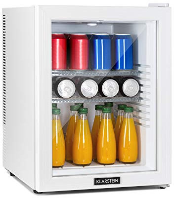 KLARSTEIN Nevera Pequeña Portatil Puerta de Cristal, Mini Nevera Silenciosa para Casa y Oficina, Frigorificos Pequeños para Refrescos, Cervezas, Estantes Extraíbles, Minibar 12-18°C, 42 l.
