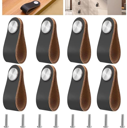 Dtoterul 8 Stück Schwarz Ledergriffe, Möbel Leder Möbelgriffe, Möbelgriffe Schwarz, Ledergriffe Schrank Türgriffe Leder für Schublade Schranktür Wohnkultur mit Schrauben