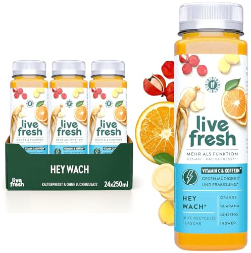 LiveFresh Vitamin C Saft – Hey Wach – 24x250ml – Mit Ingwer und Koffein – Vegane Fruchtsäfte ohne Zuckerzusatz
