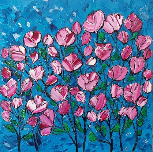 DORON ARTE QUADRO MODERNO MATERICO DIPINTO A MANO TELAIO GALLERY BORDI DIPINTI - FIORI ASTRATTI ROSA FUXIA- 50x50x4 cm -RIF238