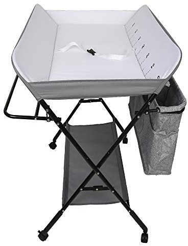 Klappbarer Wickeltisch, Tragbarer Wickelkommode, Wickelauflage mit Sicherheitsgurt, Wickelkombination, Platzsparend, Höhenverstellbar, Grau-weiß, 55×80×(93-99) cm mit Rollen