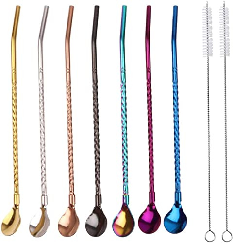 LATRAT 7 Stück Wiederverwendbare Edelstahl Trinkhalme Löffel 2 in 1 Spiral Metall Löffel-Strohhalme, Strohhalme Cocktail Strohhalme Latte Macchiato Bar Cocktail Rühren Kaffee
