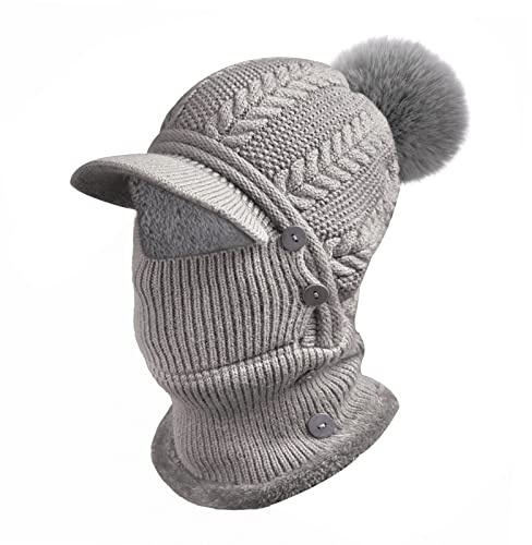 Heveer Warme Strickmütze Damen Flexible Wintermütze mit Halswärmer Krempe Verstellbare Gesichtsmaske Weichem Gefüttert für Outdoor