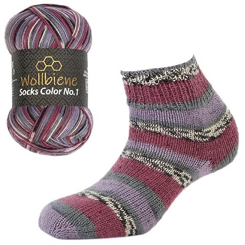 Wollbiene Socks Color Sockenwolle 100g 4-fädig Stricken und Häkeln 75% Schurwolle Farbverlaufswolle Strickwolle Socken (47 lila beere grau)