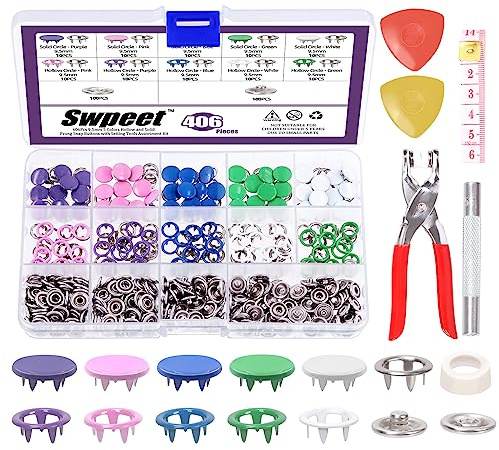 Swpeet Hollow and Solid 407Pcs 3/8 2 Stile 5 Farben Voll und Hohl 5 Prong Metall Druckknöpfe mit Druckknöpfen Werkzeug Befestigungszange und Schneider Kreide Sortiment Kit, Druckknöpfe