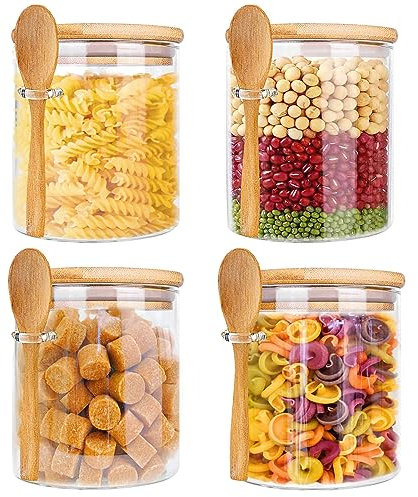 4 Pièces Bocaux en Verre 540ml Avec Couvercle et Cuillère - Pot de Conservation Hermétique Pour Épices, Spaghetti, Café, Céréales