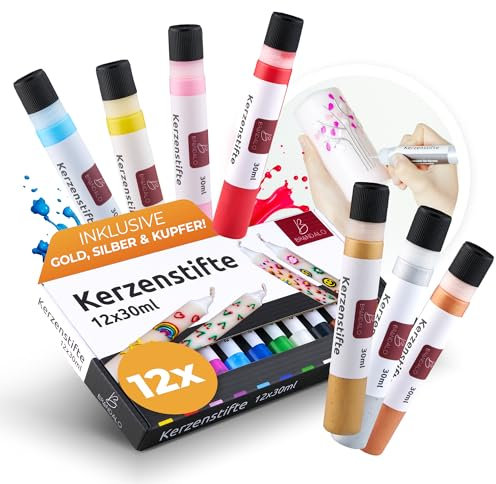 Brandalo® Premium 12er Set Kerzenstifte á 30ml leuchtende Farben – Candle Pen für Kerzen - Taufkerze Selber Machen - Ideal zum Kerzen Dekorieren & Gestalten - Candle Liner – Kerzenfarbe - Kerzenpen