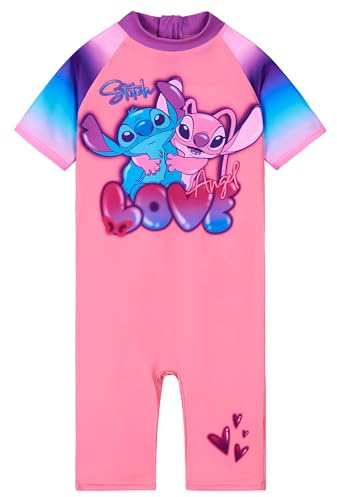 Disney baddräkt flicka, våtdräkt korta ärmar, korta byxor och dragkedja – flickor presenter, Rosa stitch & ängel, 3-4 år