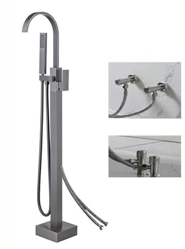 BiaoTeng Badewanne Freistehend Mit Armatur Wasserfall 2 Funktionen mit Handbrause 150 cm Schlauch Badewannen Armaturen Freistehend Wannenarmatur Freistehend, Grau