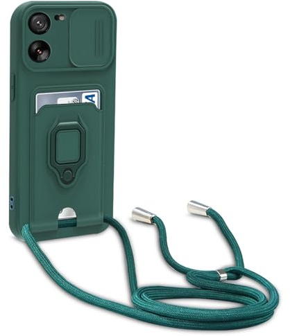 yanasuo Protección de Cámara Funda Compatible con Xiaomi Mi 13T/13T Pro (6.67), con Anillo Soporte, Ajustable Collar Correa de Cuello Cordón Carcasa de Silicona-Verde Oscuro