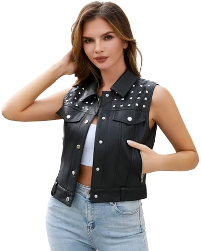 DIASHINY Women Faux Leather Vest Pu Leather Vest Rivet Biker Motorcycle Waistcoat Black S
