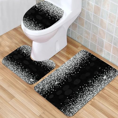 Badezimmer Badematte 3 Teilig Set Rose Flower Mädchen Mit Blumen Regentropfen Teppich Flanell Saugfähig Badteppiche Badvorleger Badgarnitur WC Vorleger (W-Black, One Size)