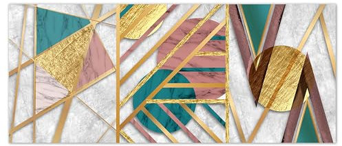 Lupia - Quadro Moderno Canvas World, Stampa su Tela, Geometrie Astratte in Verde, Rosa e Oro, Telaio in Fibra di Legno, 52x122 cm, per soggiorno, capezzale camera da letto, ufficio