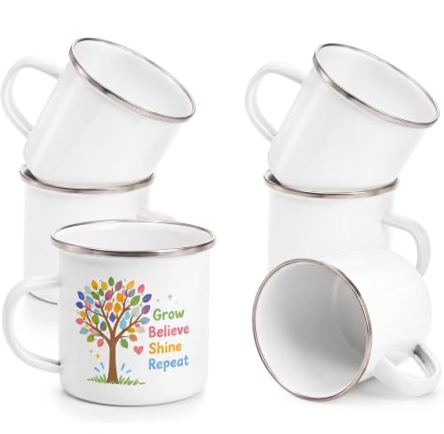 Coloch 6 Pack Sublimation Blank White Enamel Mug, 12 OZ Coffee Mugs with Silver Rim Camping Travel Mug Vintage Tea Cup for Father’s Day, Thanksgiving, Graduation, Gift