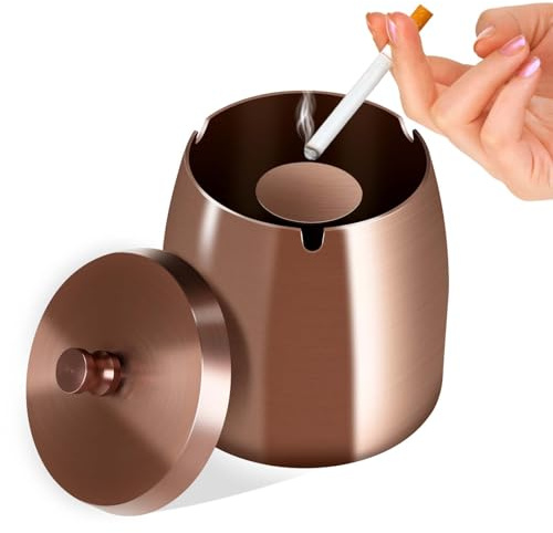 Litimkat Cenicero, Cenicero para Exteriores, Cenicero con Tapa, Base Antideslizante de Acero Inoxidable, Adecuado para el hogar, Oficina, Escritorio, Patio, balcón al Aire Libre (Oro Rosa)
