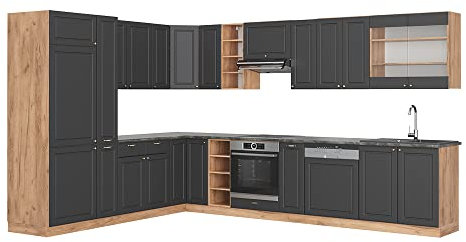 Vicco Eckküche Fame-Line, Anthrazit Landhaus/Goldkraft Eiche, 257 x 60 cm, AP Eiche