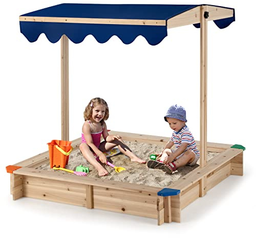 DREAMADE Sandkasten 121 x 121 x 120 cm, Sandkasten aus Holz mit höhenverstellbarem & drehbarem Sonnenschutzdach, viereckiger Tannenholz-Sandkiste, Kinderspielplatz für Garten, Zuhause, Strand