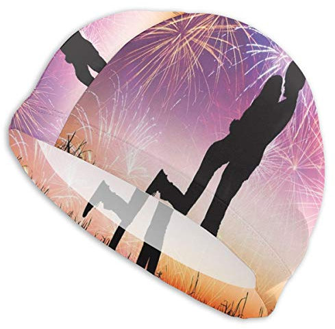 Cuffia da nuoto elastica, silhouette di giovane coppia innamorata di fuochi d'artificio di notte celebrazione del cielo, per uomini, donne, giovani