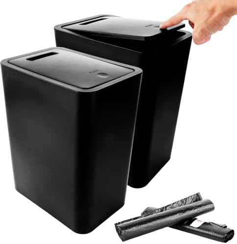 MIVIDE Cubo de Basura Estrecho de 12 Litros, Cubo de Basura Baño, 2 Piezas | Plástico, con Tapa y 2 Rollos de Bolsas de Basura, Negra para Oficina, Cocina, Baño, Salón