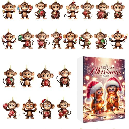 Affen-Adventskalender, Weihnachts-Countdown-Kalender 2024, 2D Adventskalender Mit Affen-Anhänger, Niedliches Weihnachtsspielzeug In Affenform, Geschenk Für Erwachsene, Kinder, Mädchen UndJungen