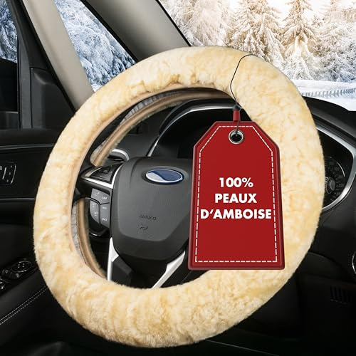 WALSER Housse de volant en fourrure d'agneau pour voiture, 100% fourrure d'agneau pour protection de volant de voiture, housse de volant hiver, chauffe-volant beige