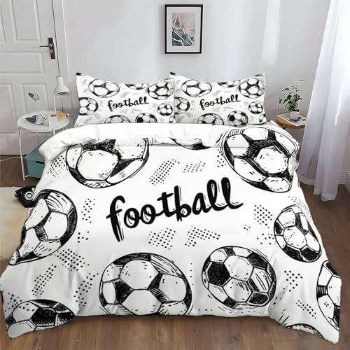 Parure de Lit 3 Pièces en Microfibre pour Enfants Football Dessiné À Main Style Bande Dessinée, Housse de Couette 1 Personne Garcon et Fille 140 x 200 cm Ensemble de Literie et 2 Taies D'oreiller