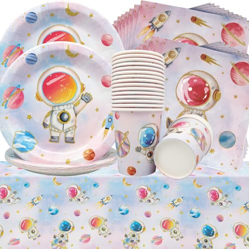 Doyomtoy Astronauta Partito Stoviglie,61Pz Decorazione Spaziale per il Compleanno dei Bambini,Piatti di Carta Spaziali Bicchieri di Carta Tovaglie di Carta Adatto Decorazione per Bambini Baby Shower