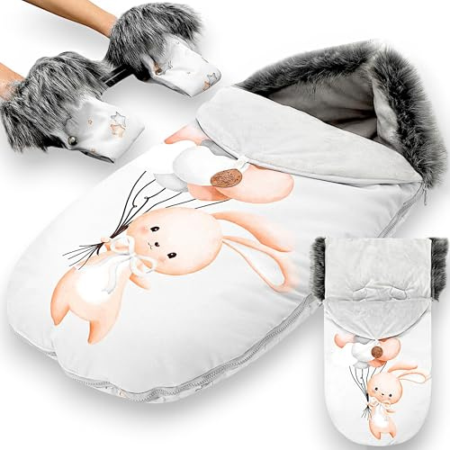 Winterfußsack Kinderwagen 90x45 cm aus Set: 90x45 cm – Fußsack Buggy kuschelweich gefüttert mit universeller Passform – waschbar 30 Grad windabweisend Baby Kleinkind Kaninchen