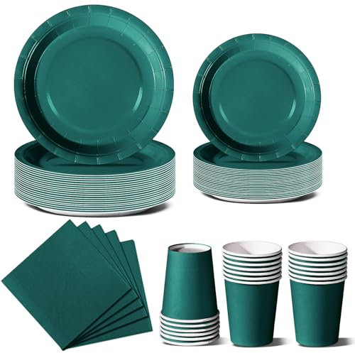 Nkaiso Anniversaire Vaisselle de fete 96 Pièces Vert Party Assiettes en Papier Set Assiettes de Fête Jetables Papier Tasses Serviettesr, pour Barbecue les Fêtes les Pique-niques -24 Invités