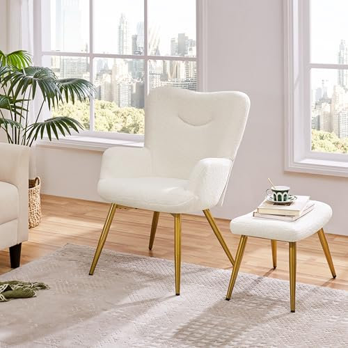 Yaheetech Small Armchair and Ottoman Set, Boucle Tub Chair with Footstool, Sherpa Lounge Chair with Golden Metal Legs for Living Room/Bedroom/Reading Room, Ivory