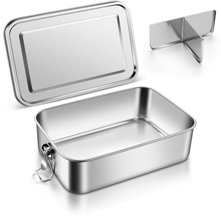 Onader Stainless Steel Lunch Box 850ml, Bento Box with Removal Compartment | Metal Lunchbox with 1Pcs Removable Divider for Kids & Adults, Leak-proof Container & Sturdy, Freezer & Dishwasher Safe