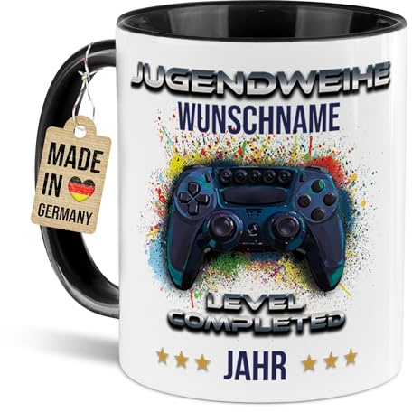 Tassendruck Tasse zur Jugendweihe mit Namen und Jahr selbst gestalten - Level completed, Controller - Personalisiertes Geschenk - Keramiktasse, 300 ml, Innen & Henkel Schwarz