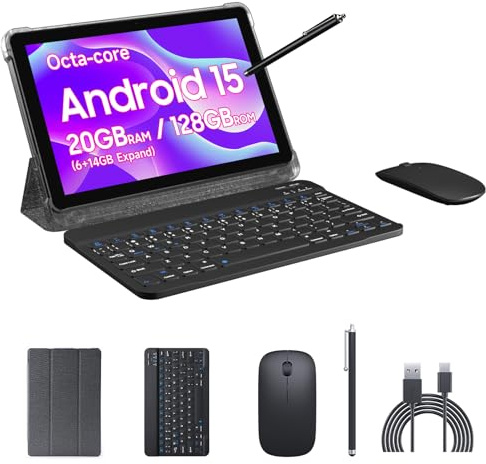 PEICHENG Tableta de 10.1 pulgadas Android 15.0, juego de pestañas con funda/teclado/ratón/lápiz óptico, RAM Octa-core 20 GB (6 GB + 14 GB expandido) + ROM 128 GB IPS1280 x 800 pantalla 2 MP + 8 MP