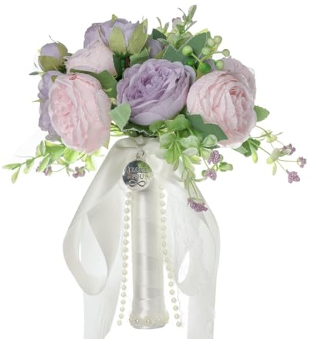 GreatRise Brautstrauß Hochzeit Blumenstrauß Hochzeitsstrauß Künstlicher Rose Strauß Seidenblumen mit Perlen Satinband Blumen Dekoration, Handhaltung, für Braut Brautjungfer Fotografie Rosa Violett