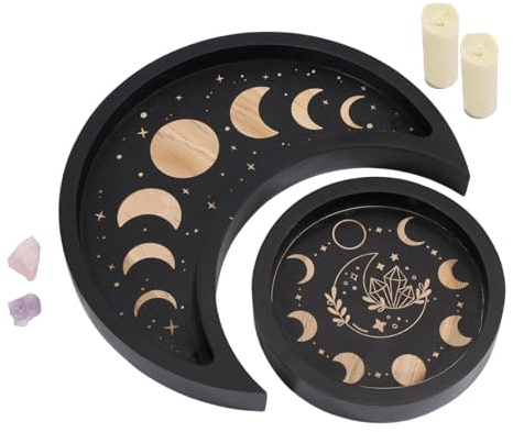 GLOBLELAND Crescent Moon Tray Crystal Holder Set for Stones Display Black Wooden Crystal Tray with Round Jewelry Dish Essential Oil Decorative Pallet Gift for Lovers