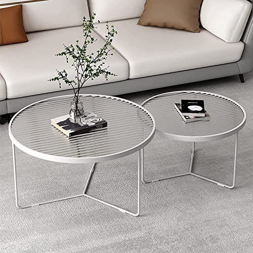Moderner Couchtisch, 2er-Set, stilvolle, runde Glastische mit stabilen Metallbeinen für Wohnzimmer, helles, luxuriöses weißes Design, 60 cm und 45 cm