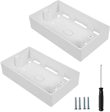 2 Gang Surface Mount Back Box, Double Socket Back Box with Screwdriver and Screws, Light Switch Back Box for Wall Mounting, 146 x 86mm White Socket Box for Electrical Installations